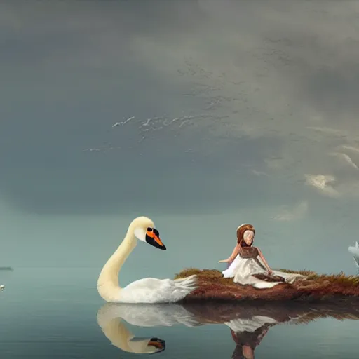 Image similar to a princess riding a giant swan in the lake, trending on artstation