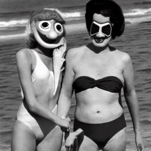 Prompt: 1979 twin women on tv show wearing an inflatable mask long prosthetic snout nose with googly eyes, soft color wearing a swimsuit at the beach 1979 color film 16mm holding a hand puppet Fellini John Waters Russ Meyer Doris Wishman old photo