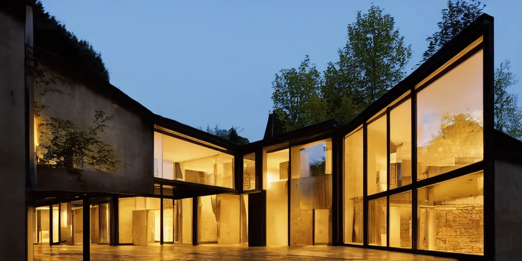 Image similar to a house by the river rhein close to mumpf designed by peter zumthor, beautiful ambient light, golden hour