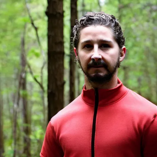 Prompt: in a forest, shia labeouf, badly hiding behind a bolder, sneaking around looking at the camrea, at lest 6 feet away