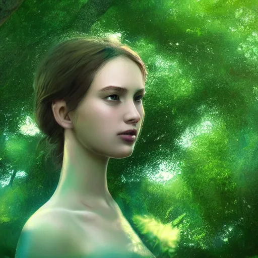 Prompt: a highly detailed digital matte painting of a young woman surrounded and engulfed in green leaves, artstation, detailed woman, stunning volumetric lighting, elegant, fantasy, 4k