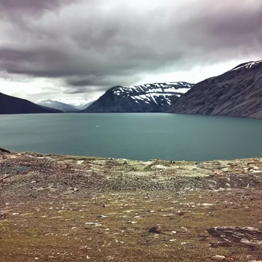 Image similar to a fjord in kazakhstan with a large satanic damn at the end of it. grainy, surreal, overcast sky.