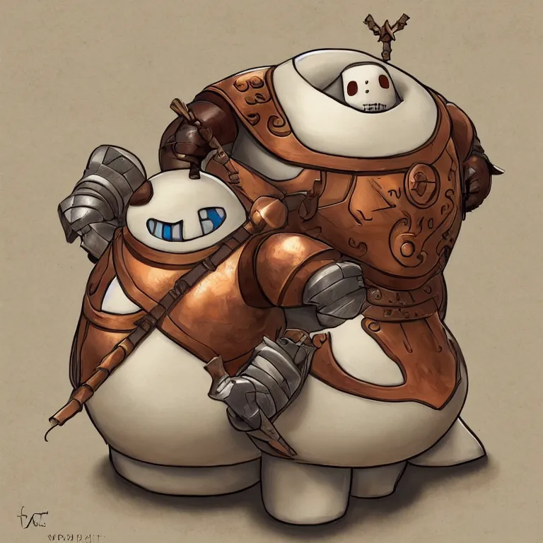 Prompt: a medieval fantasy baymax made out of wood and copper, digital art, trending on artstation