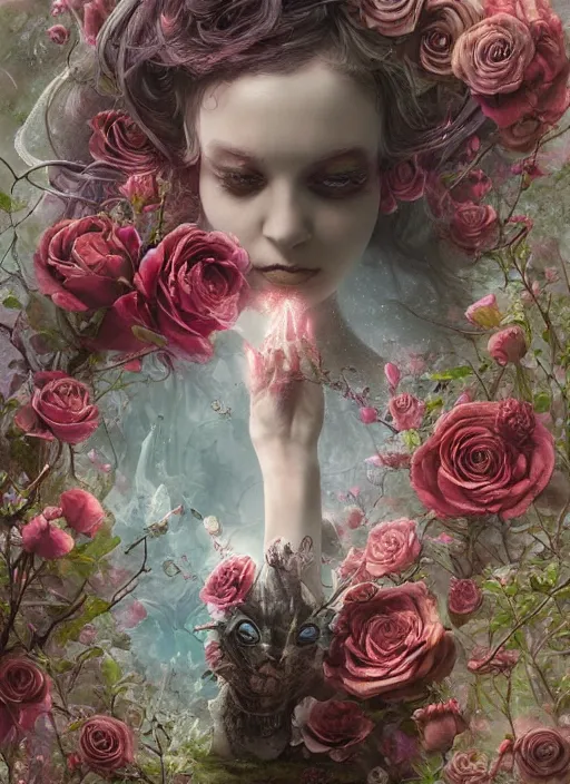 Image similar to Alice in Wonderland,roses,highly detailed,cinematic,8k,by Stanley Artgermm,Tom Bagshaw,Greg Rutkowski,Carne Griffiths, Ayami Kojima, Beksinski, Giger,trending on DeviantArt,hyper detailed,horror, full of colour