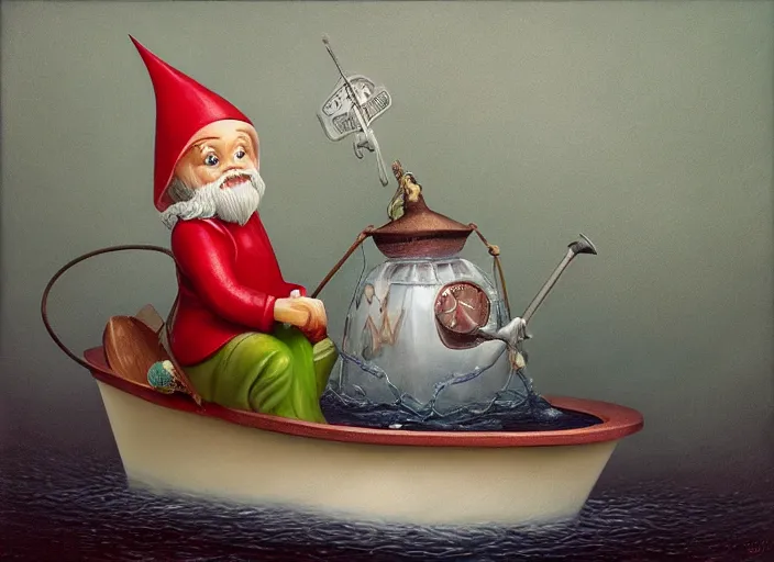 Prompt: a garden gnome sailing across a bucket of water, an ultrafine detailed painting by mark ryden, trending on deviantart, pop surrealism, whimsical, lowbrow, grotesque