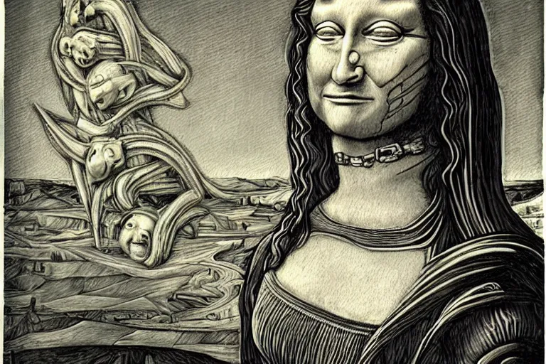 Image similar to monalisa in the style of h.r. giger, in the style of h.r. giger, in the style of h.r. giger, in the style of h.r. giger