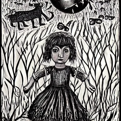 Prompt: a very large silver key. fine detail. realistic. fireflies. folk horror art style. girl and boy