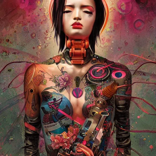 Prompt: cyberpunk geisha in a lotus position, wearing mechanical clothes and tattoos, 8 k, by tristan eaton, stanley artgermm, tom bagshaw, greg rutkowski, carne griffiths, ayami kojima, beksinski, giger, trending on deviantart, hyper detailed, cybernetic, full of colour, brain