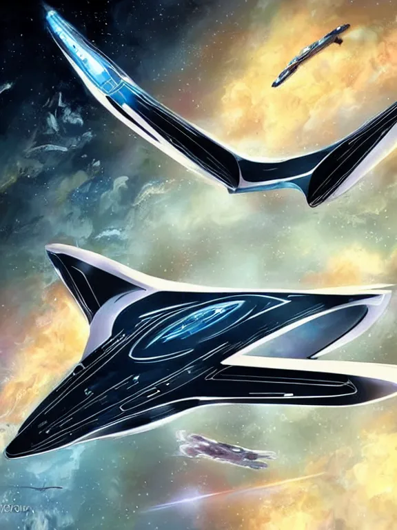 Image similar to futuristic symmetric flying spaceship from star trek, concept art, detailed, in space, by lin hongy