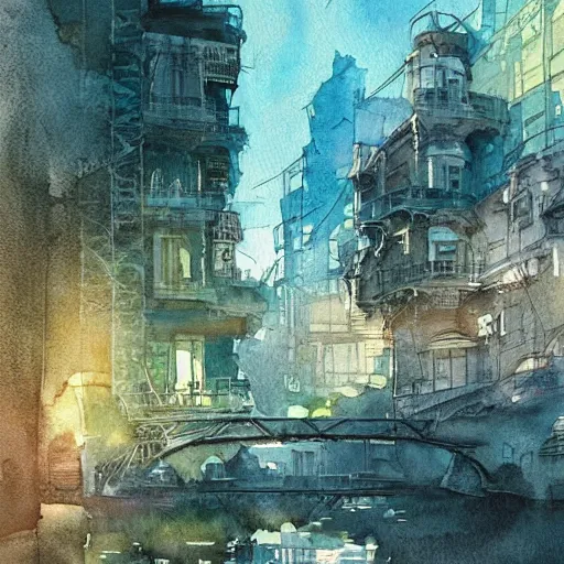 Image similar to Beautiful happy picturesque charming sci-fi town in harmony with nature. Beautiful light. Water and plants. Nice colour scheme, soft warm colour. Beautiful detailed artistic watercolor by Vincent Bons. (2022)
