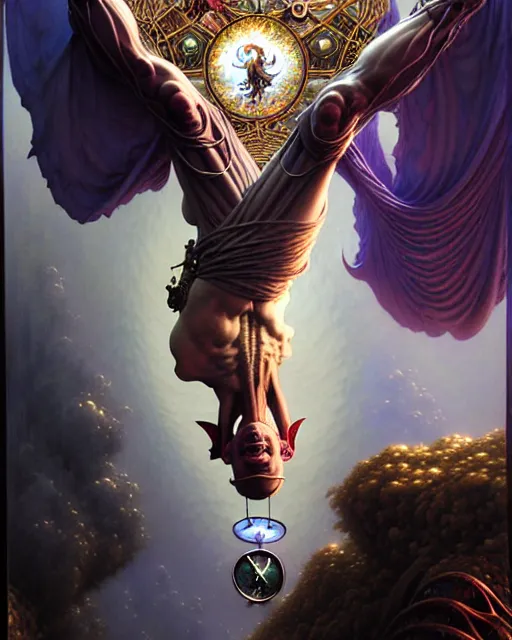 Image similar to man hanging upside down tarot card, fantasy character portrait made of fractals, ultra realistic, wide angle, intricate details, the fifth element artifacts, highly detailed by peter mohrbacher, hajime sorayama, wayne barlowe, boris vallejo, aaron horkey, gaston bussiere, craig mullins