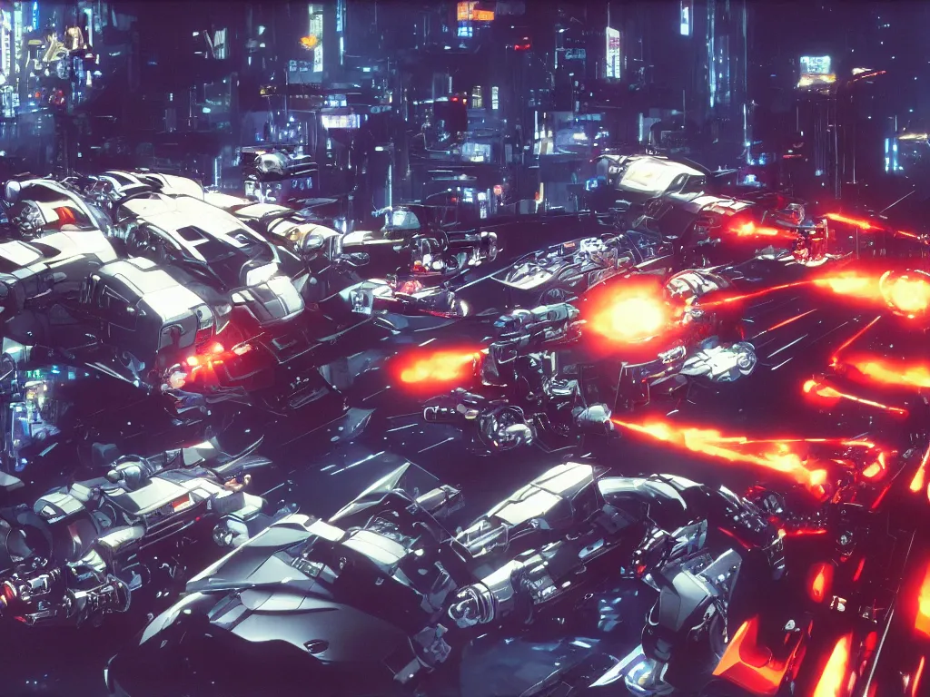 Prompt: Film still of Mechbots designed by Ferrari and Lamborghinis in battle in Tokyo at night by syd mead, Scott Robertson, james cameron, octane, 4k