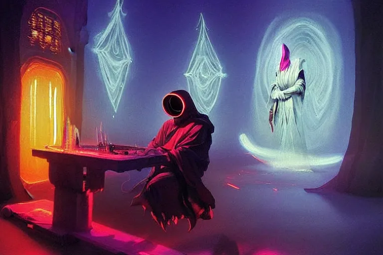 Prompt: A beautiful-masterpiece-painting of a technomancer-wizard-in-robes-with-pointed-hood discussing-sentience with his synthesized-Al-djinn in his laboratory near a computer (by Remedios Varo and Anato Finnstark and Greg Rutkowski), (dayglo pink, dayglo blue, dazzle camouflage), 8k, trending on ArtStation