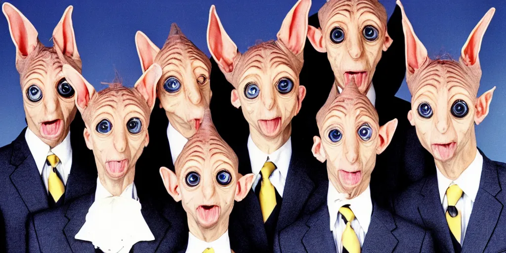 Prompt: six eyed dobby coneheads 1980s pop band, 1980s surrealism aesthetic, detailed facial expressions