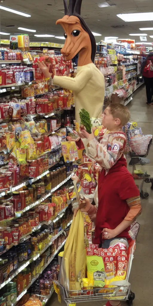 Image similar to jar jar binks shopping at a trader joes,