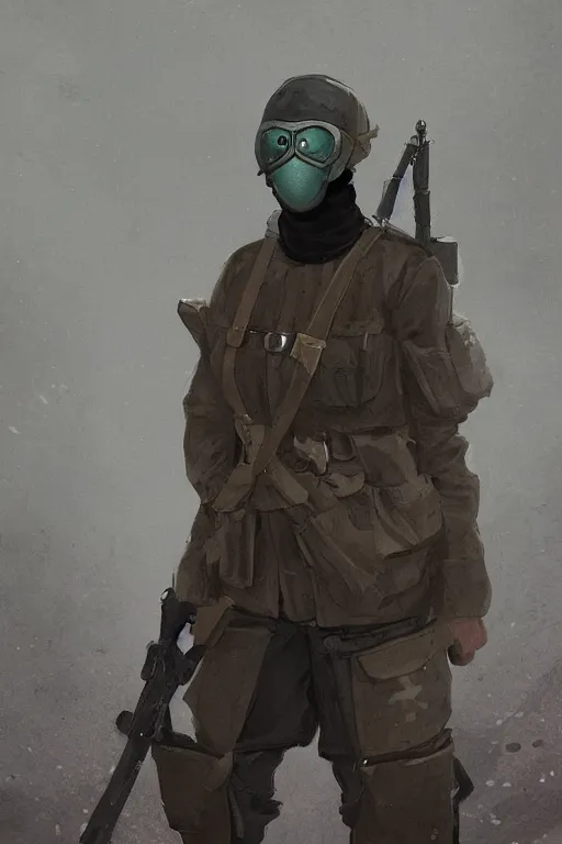 Image similar to ww 1 british sas female masked operative with the standard black uniform, artstation, trending on artstation, establishing shot, by simon stalenhag