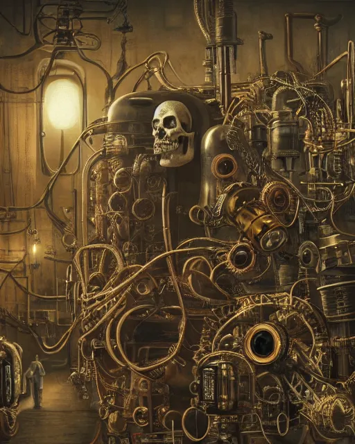 Prompt: beautiful strange detailed painting 8k resolution A steampunk skull with tubes wires and Dieselpunk scene by Paul Delvaux rendered in octane 8k