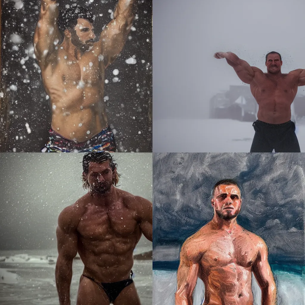 Prompt: portrait of an beautiful muscular man wearing a swimwear holding his arms around himself in the arctic during a snowstorm by evgenia arbugaeva, cold colours