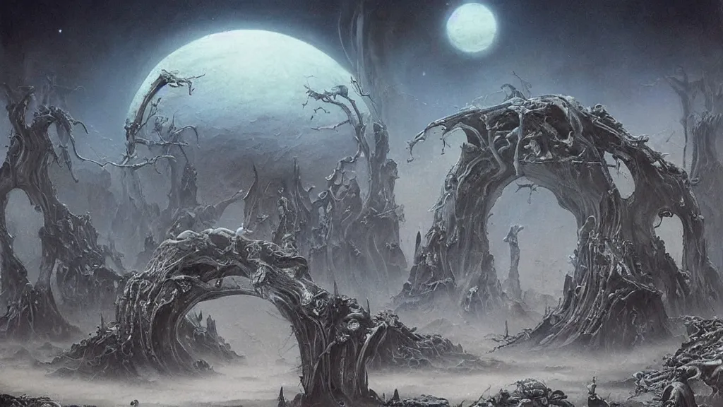 Image similar to eerie atmospheric evolving alien planet by gerald brom and glenn barr, epic cinematic matte painting