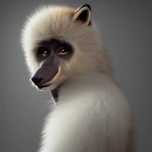 Prompt: fox as a monkey, fluffy white fur, very long tail, award winning creature portrait photography, extremely detailed, artstation, 8 k, sensual lighting, incredible art, wlop, artgerm