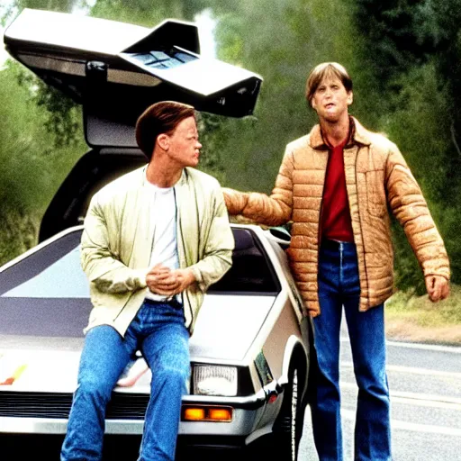 Prompt: marty mcfly accidentally runs over forrest gump with the delorean, movie still, high detail, photorealistic,