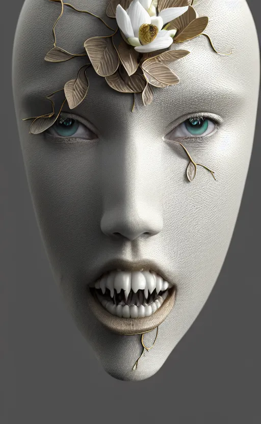 Image similar to complex 3d render of a beautiful porcelain profile woman face, vegetal dragon cyborg, 150 mm, beautiful natural soft light, rim light, silver gold details, magnolia leaves and stems, roots, fine lace, maze like, mandelbot fractal, anatomical, facial muscles, cable wires, microchip, elegant, highly detailed, white metallic armour, octane render, black and white, H.R. Giger style