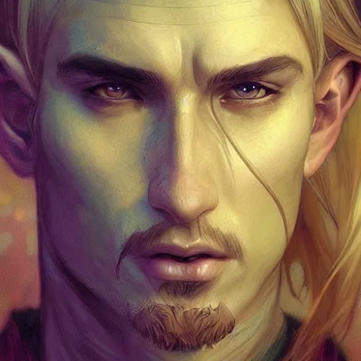 Prompt: masterpiece ultra realistic digital painting of a male elf with blonde hair in a ponytail, intricate, dramatic, cinematic, fantasy, highly detailed. in the style of alphonse mucha, greg rutkowski, artgerm, artstation trending.