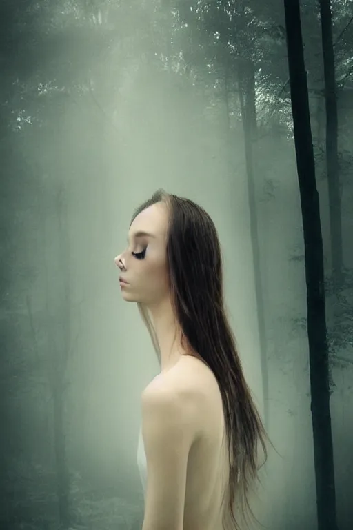 Prompt: inside a soul of a gorgeous young girl , searching for eternity, smoke out of her eyes, minimalistic dark forest, intricate ligtning, rear light, spotlight in the style of stefan kostic, realistic, sharp focus, 8k high definition, high fashion, vogue, insanely detailed, soft light, colorful smoke, intricate, elegant, art by stanley lau and artgerm, sigma 85mm art