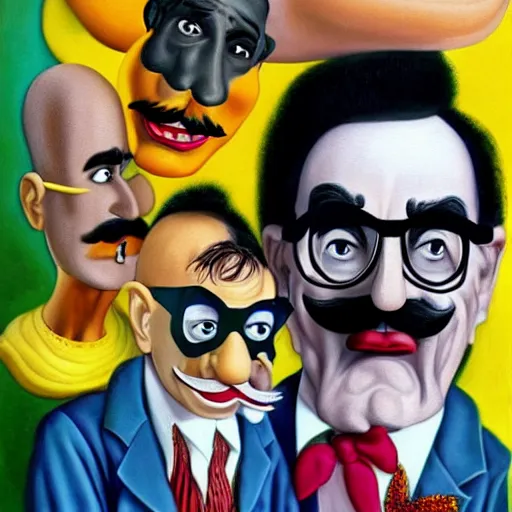 Image similar to beautiful lifelike painting of grace jones disguised as groucho marx, hyperreal detailed facial features and uv lighting, art by ed roth and basil wolverton