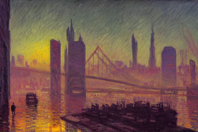 Image similar to Lisbon in 2287, cyberpunk, dark academia, by Simon Stålenhag and Claude Monet, oil on canvas