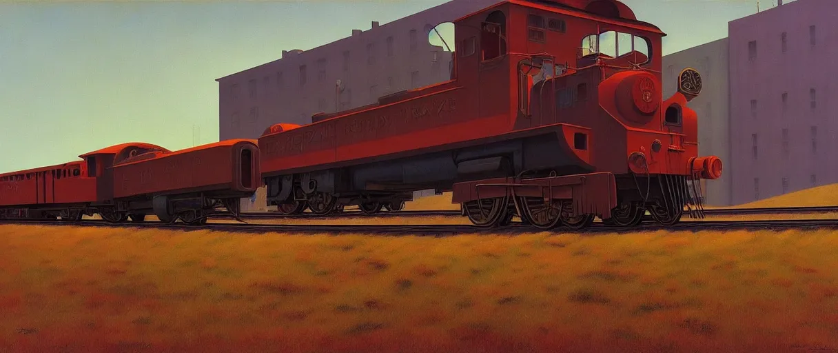 Prompt: train engine, Edward Hopper and James Gilleard, Zdzislaw Beksinski, Mark Ryden, Wolfgang Lettl highly detailed