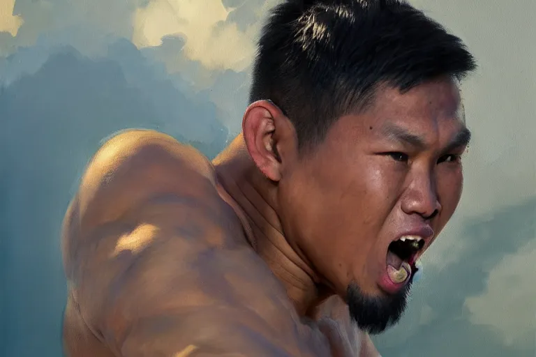 Image similar to greg manchess portrait of a filipino mma fighter uncontrolable laughter, profile picture, organic painting, sunny day, matte painting, bold shapes, hard edges, street art, trending on artstation, by huang guangjian, gil elvgren, ruan jia, randy vargas, greg rutkowski