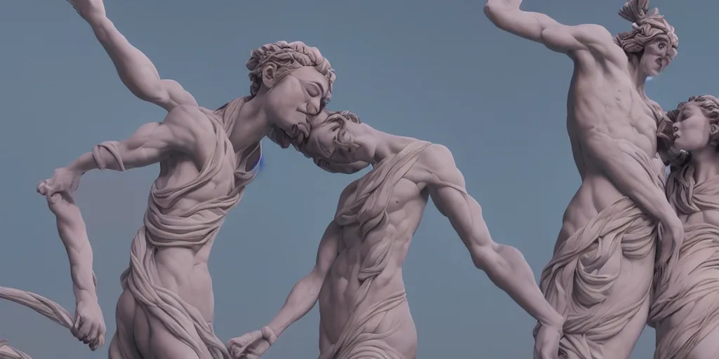 Prompt: greek sculpture of intertwined bodies painted in pastel colors. artwork by James Jean and Tooth Wu and wlop and beeple and greg rutkowski and nekroxiii. octane render, cinematic, hyper realism, redshift render, 8k, depth of field, iridescent accents