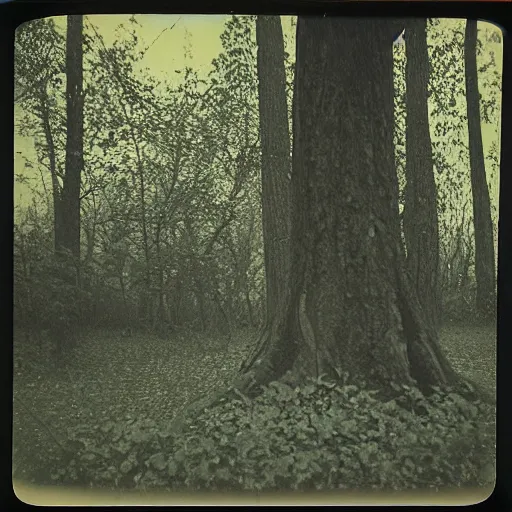 Image similar to 1960s art of tree in magic forest, polaroid, kodak, film grain