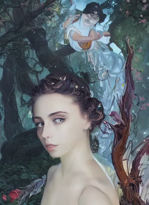 Image similar to disney snow white ( ( ana de armas ) ), dreamscape, girl, masterpiece, intricate, elegant, highly detailed, my rendition, digital painting, artstation, concept art, smooth, sharp focus, illustration, art by artgerm and greg rutkowski and alphonse mucha and uang guangjian and gil elvgren and sachin teng, symmetry!!