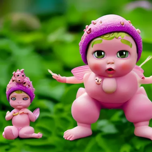 Prompt: fat pink ginseng fairy babies with puffy cheeks and ginseng plant leaves growing on top of their head, in the style of toy story