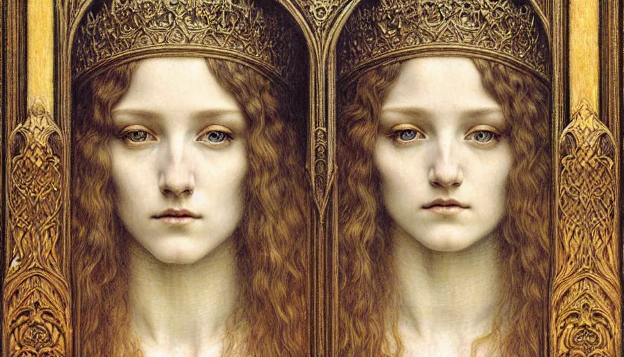 Image similar to detailed realistic beautiful young medieval queen face portrait by jean delville, gustave dore and marco mazzoni, art nouveau, symbolist, visionary, gothic, pre - raphaelite. horizontal symmetry