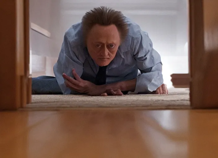 Prompt: film still of Christopher Walken hiding under a bed in the new Shining movie, 4k