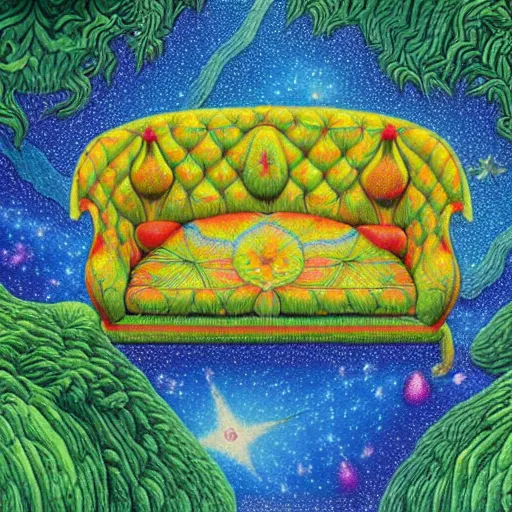 Image similar to psychedelic couch sofa in the lush forest, milky way, designed by moebius, rob gonsalves, gustav dore, giuseppe arcimboldo and carl barks, louis wain, trending on artstation, mediterranean, star, sharp focus, colorful refracted sparkles and lines, soft light, 8 k 4 k