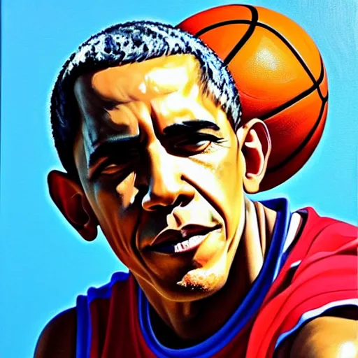 Prompt: Greg Manchess portrait painting of Barack Obama as a basketball player, medium shot, asymmetrical, profile picture, Organic Painting, sunny day, Matte Painting, bold shapes, hard edges, street art, trending on artstation, by Huang Guangjian and Gil Elvgren and Sachin Teng