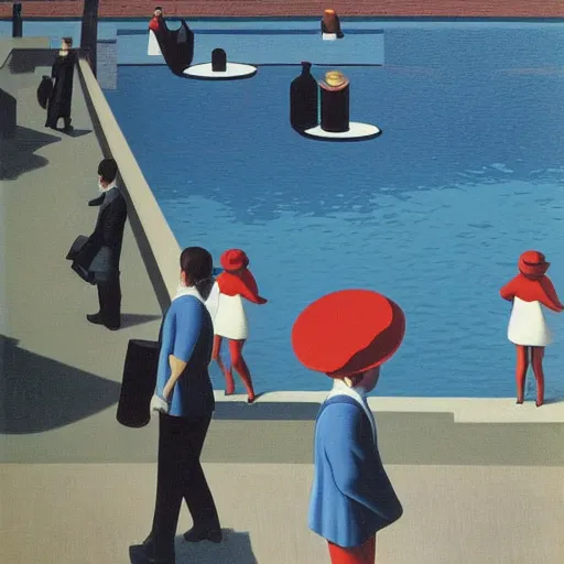 Image similar to people splashing water in city street, sunny, painted by Rene Magritte