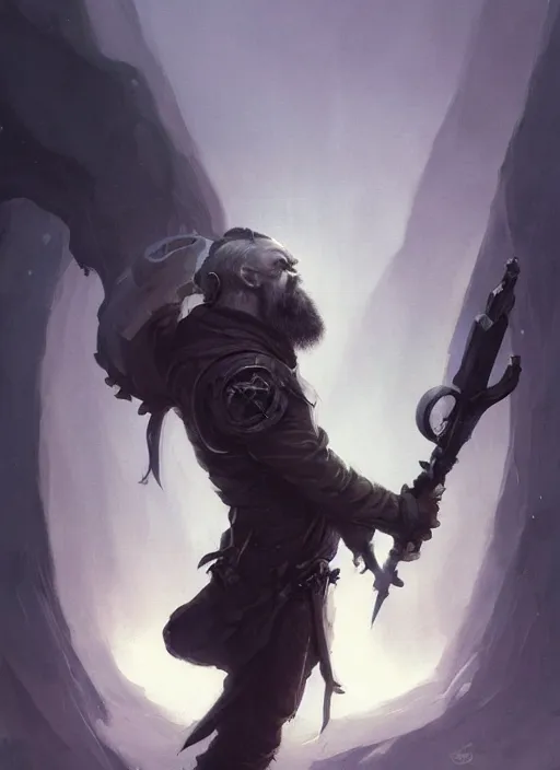 Prompt: low angle picture of a weapon master, holding a ego weapons to the camera, long black jacket, neat white beard and hair, bored, tired, ego weapons all over the place, smoking with squat down pose, highly detailed face, deep eyes, intricate, masterpiece, epic fantasy illustrations by peter mohrbacher and anato finnstark and jeremy lipking