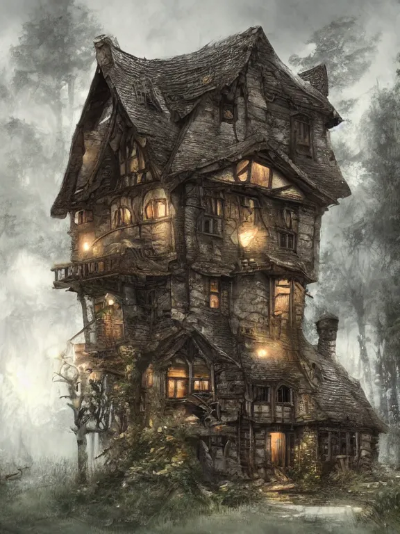 Prompt: old house in the woods, highly detailed, digital art, sharp focus, raytracing, trending on art station, warhammer fantasy setting,