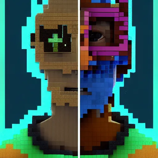 Image similar to Colour Minecraft style Photography of 1000 years old man with highly detailed 1000 years old face wearing higly detailed cyberpunk VR Headset designed by Josan Gonzalez Many details. . In style of Josan Gonzalez and Mike Winkelmann andgreg rutkowski and alphonse muchaand Caspar David Friedrich and Stephen Hickman and James Gurney and Hiromasa Ogura. Rendered in Blender