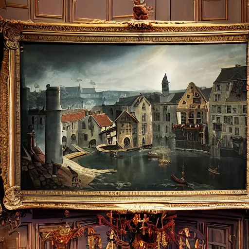 Image similar to Raining Outside inside house + A Beautiful painting of European town The year is 1680 Highly detailed, epic composition, Dramatic lighting, Epic Wide angle, a futuristic city made black Iron stone, the style Wes Anderson sci-fi movie, 4k, high hyper realistic