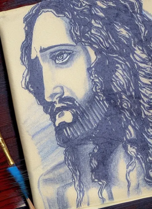 Image similar to painting of jesus drawn with blue pen on checkered notebook sheets,