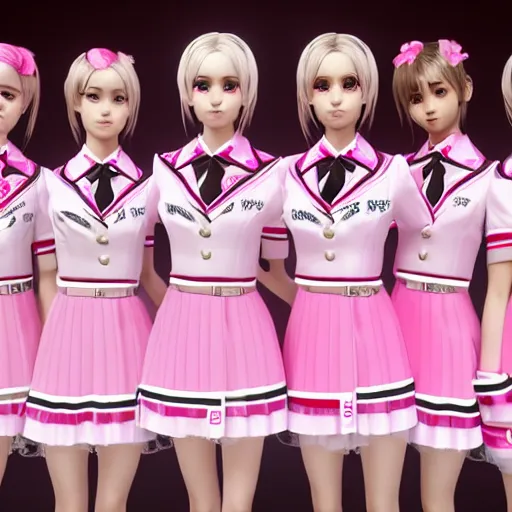 Image similar to pink and white seifuku uniform designed by dolce and gabbana, stylish, unreal engine, studio lighting, 4 k