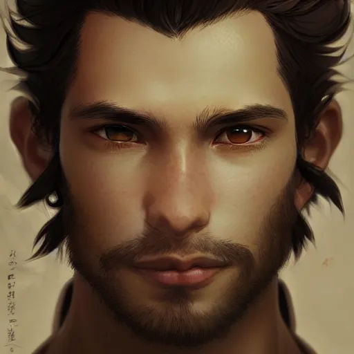 Prompt: Portrait of man with Tousled Curls type hair and Brown Indonesian-type skin, atmospheric lighting, intricate detail, cgsociety, ambient light, dynamic lighting, anime style by Yusuke Kozaki