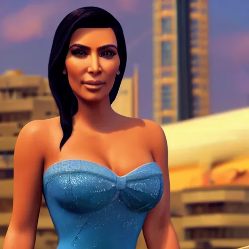 Image similar to kim kardashian as princess jasmine in GTA 5 full Hd octane render 8k