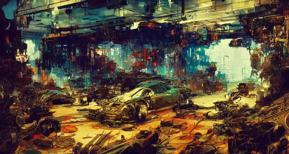 Image similar to junkyard interior, intricate, elegant, highly detailed, vivid colors, john harris, frazetta, tyrus wong, ruan jia, jeffrey catherine jones